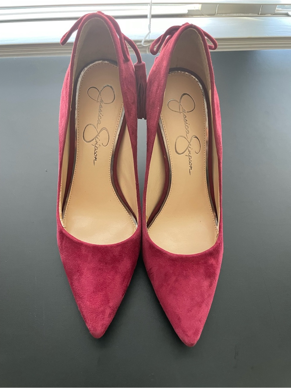 Jessica Simpson Burgundy Suede Pointed-Toe Pumps with Ankle Tie